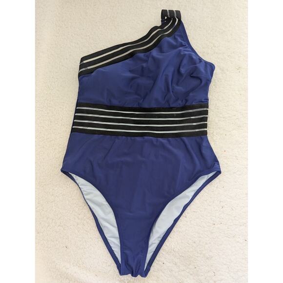 Cupshe Womens One Piece Swimsuit Size Large Blue Sheer One Shoulder - Picture 1 of 11